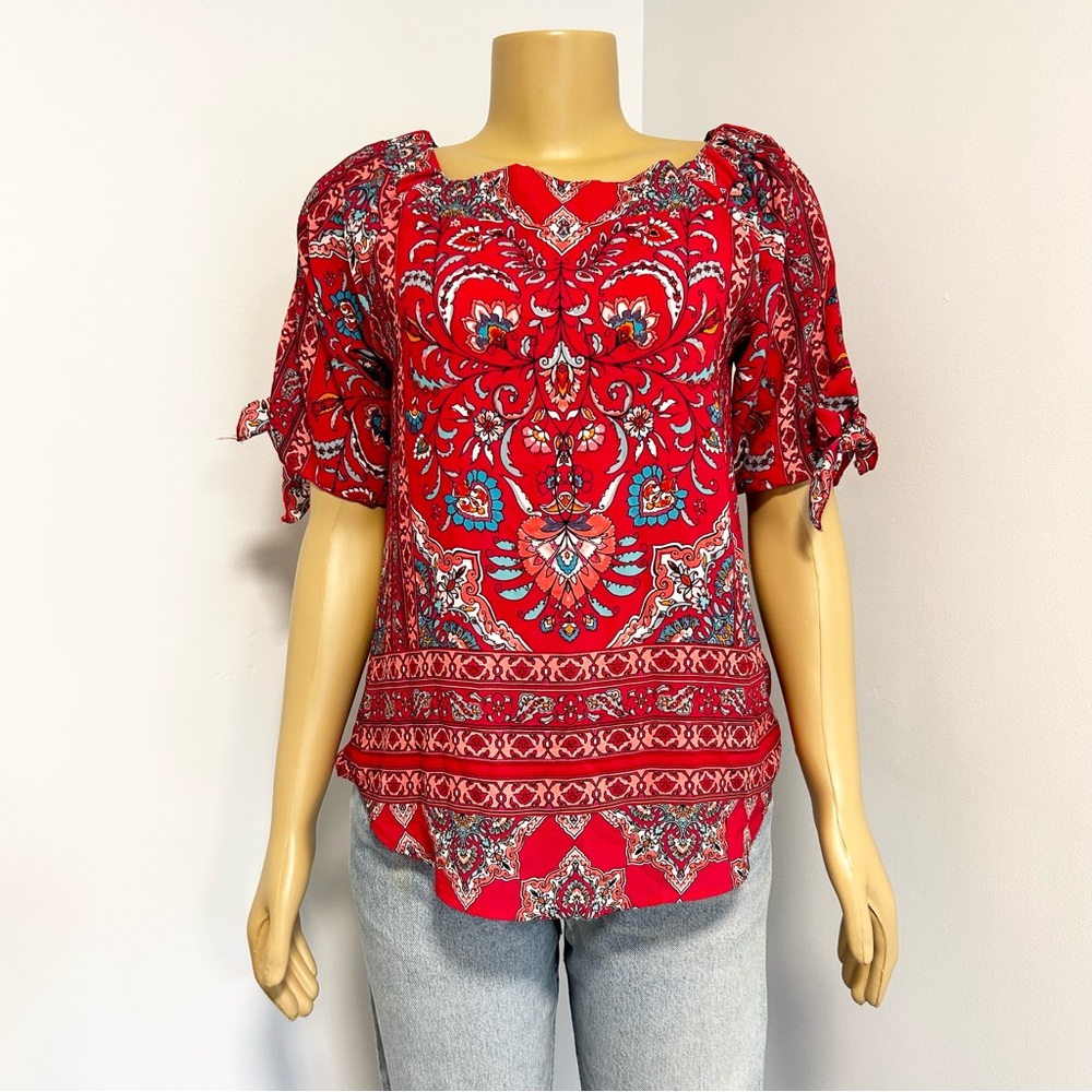 Verse‎ Womens Red Paisley Medallion Square Neck Tie Sleeve Blouse S 2226TP10 USA